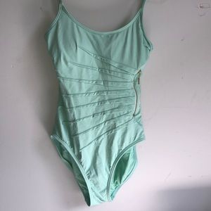 Turquoise one piece bathing suit with zipper